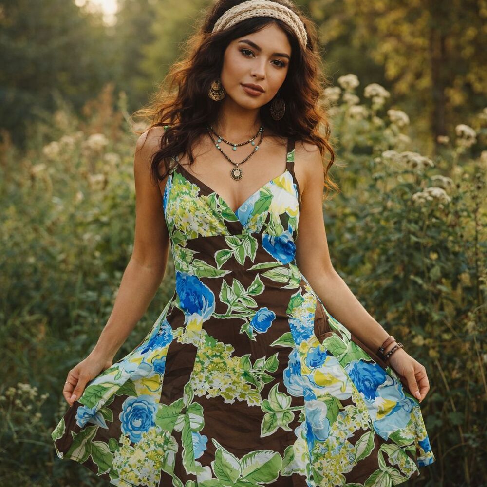 Floral Fit Flare Dress Women 12 Brown Blue Green Boho Retro Becky Max Summer